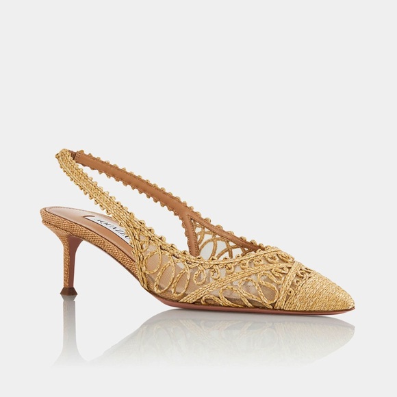 New AQUAZZURA Beige Raffia Kahlo Slingback Pumps 50 $950 - Picture 2 of 14